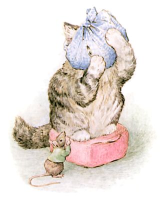 Miss Moppet holds her poor head in her paws, and looks at 
         him through a hole in the duster.